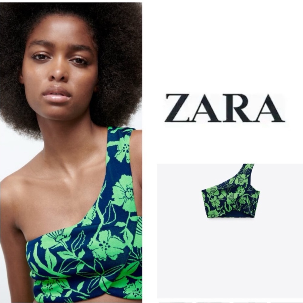Zara Asymmetrical Green tropical one shoulder crop top new